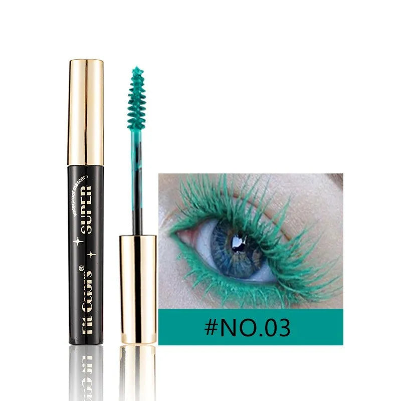 Colourful mascara tube and wand with vibrant shades for dramatic Christmas and stage eye makeup.