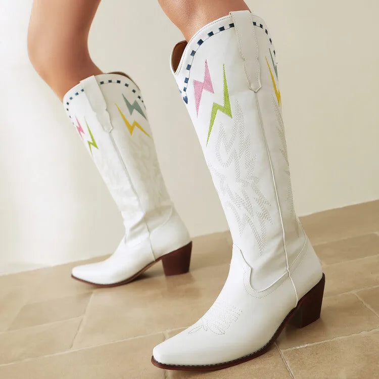 Women's black knee-high boots with lightning embroidery pattern, chunky heel, and square toe on a white background