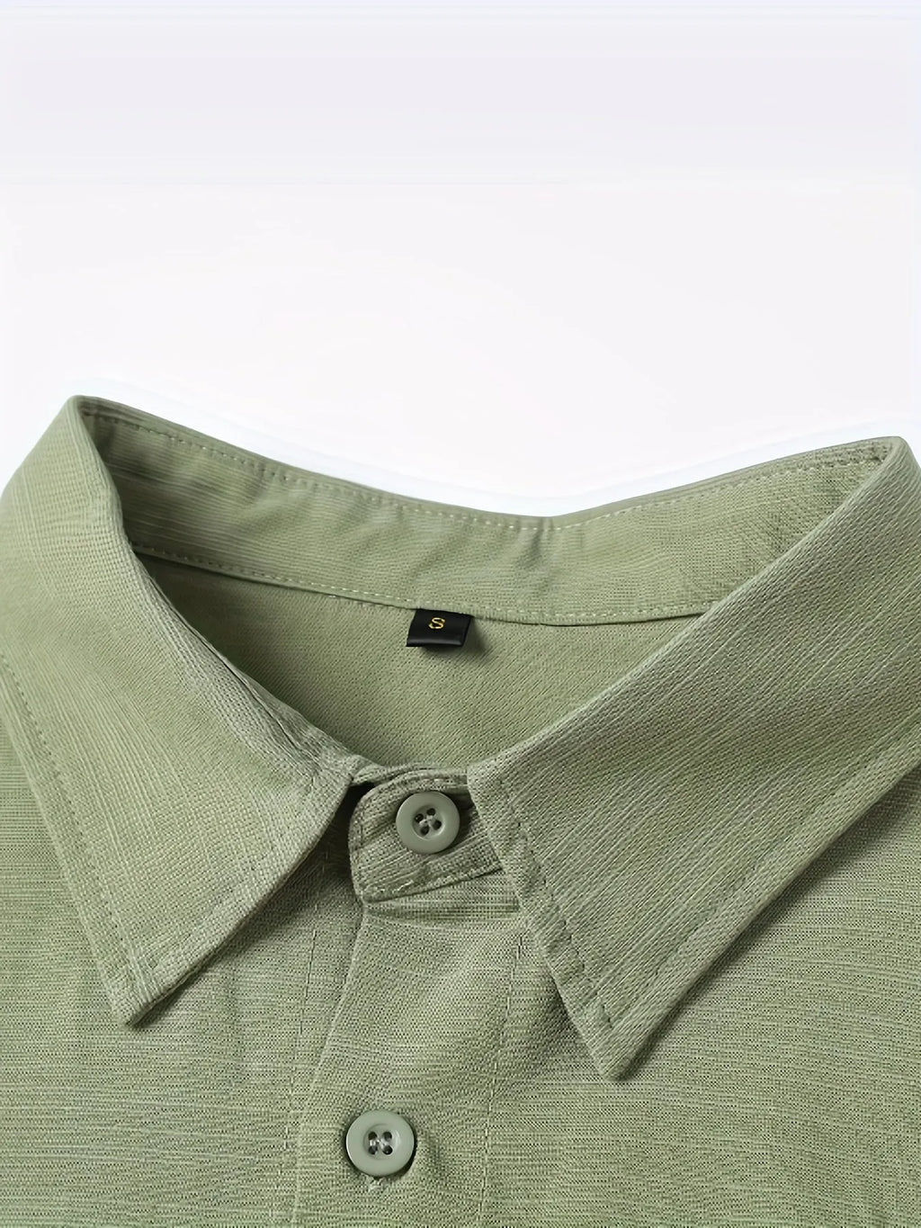 Light green linen men's casual shirt with lapel collar and long sleeves, front view