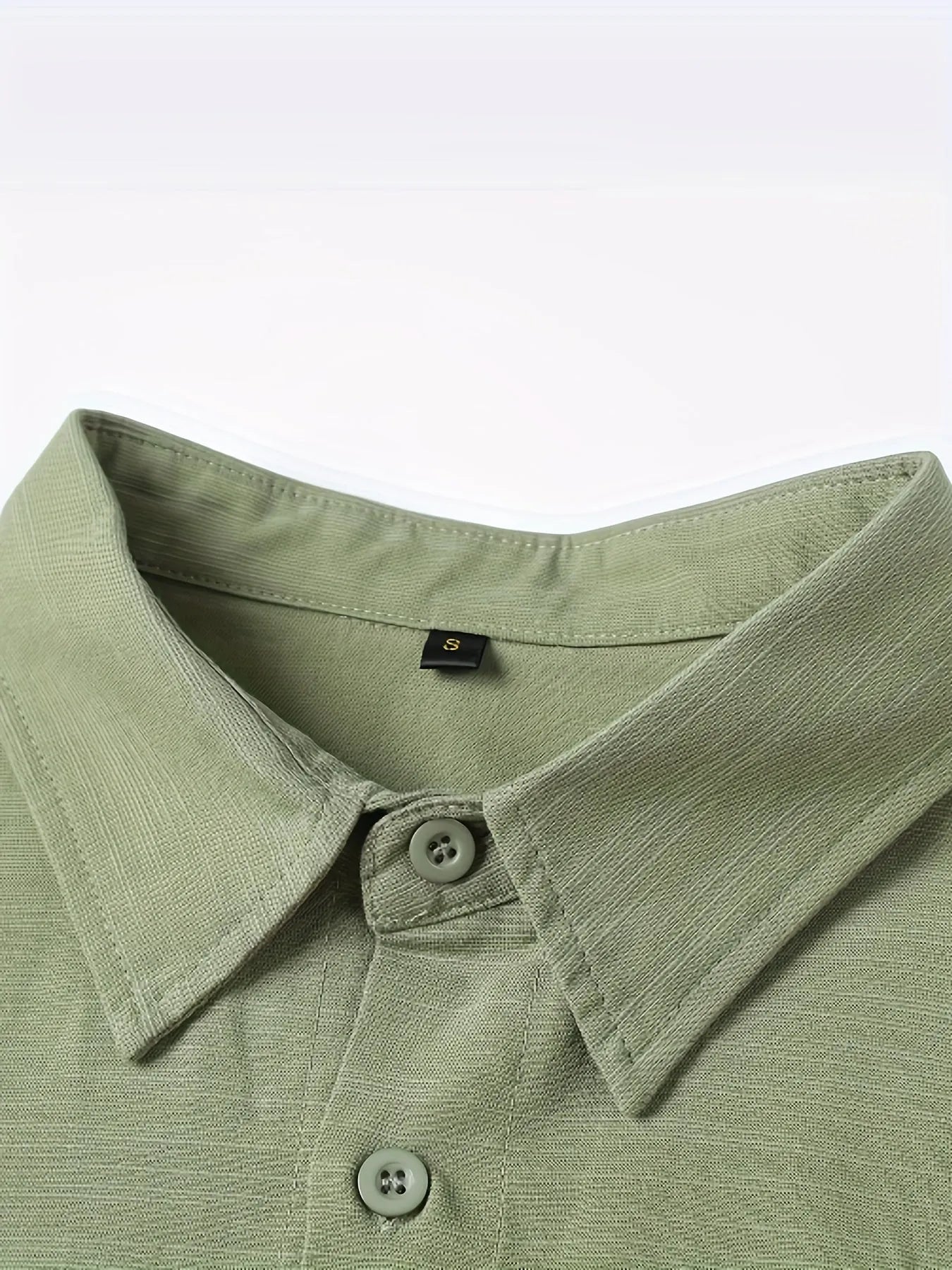 Light green linen men's casual shirt with lapel collar and long sleeves, front view