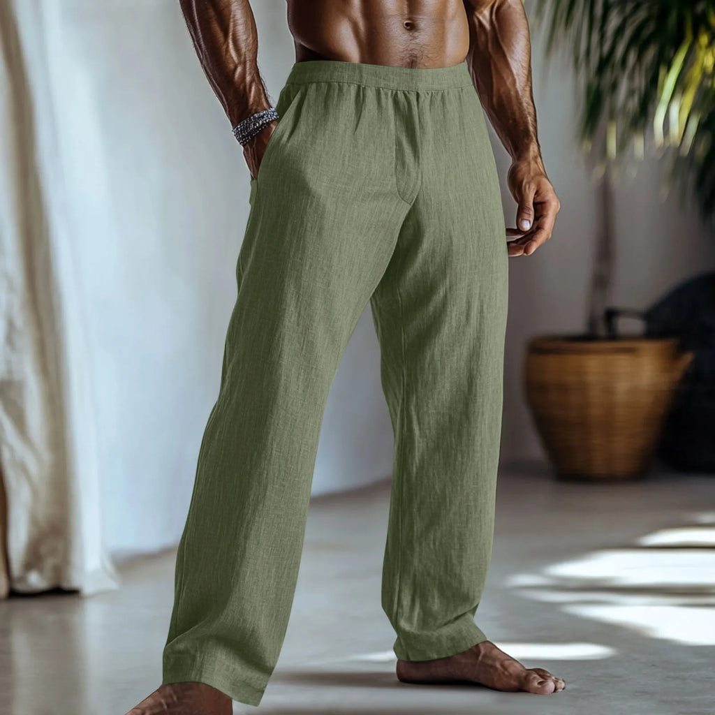 Straight leg cotton linen trousers in light green colour with side pockets