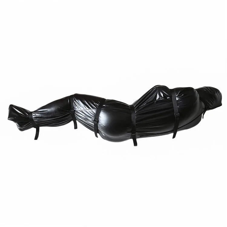 Black patent leather bondage set showing full-coverage body wrap and six ratchet tie-down straps