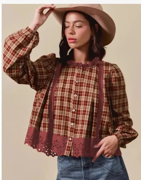 Red dahlia check hollow lace edge loose long sleeve cotton shirt for women