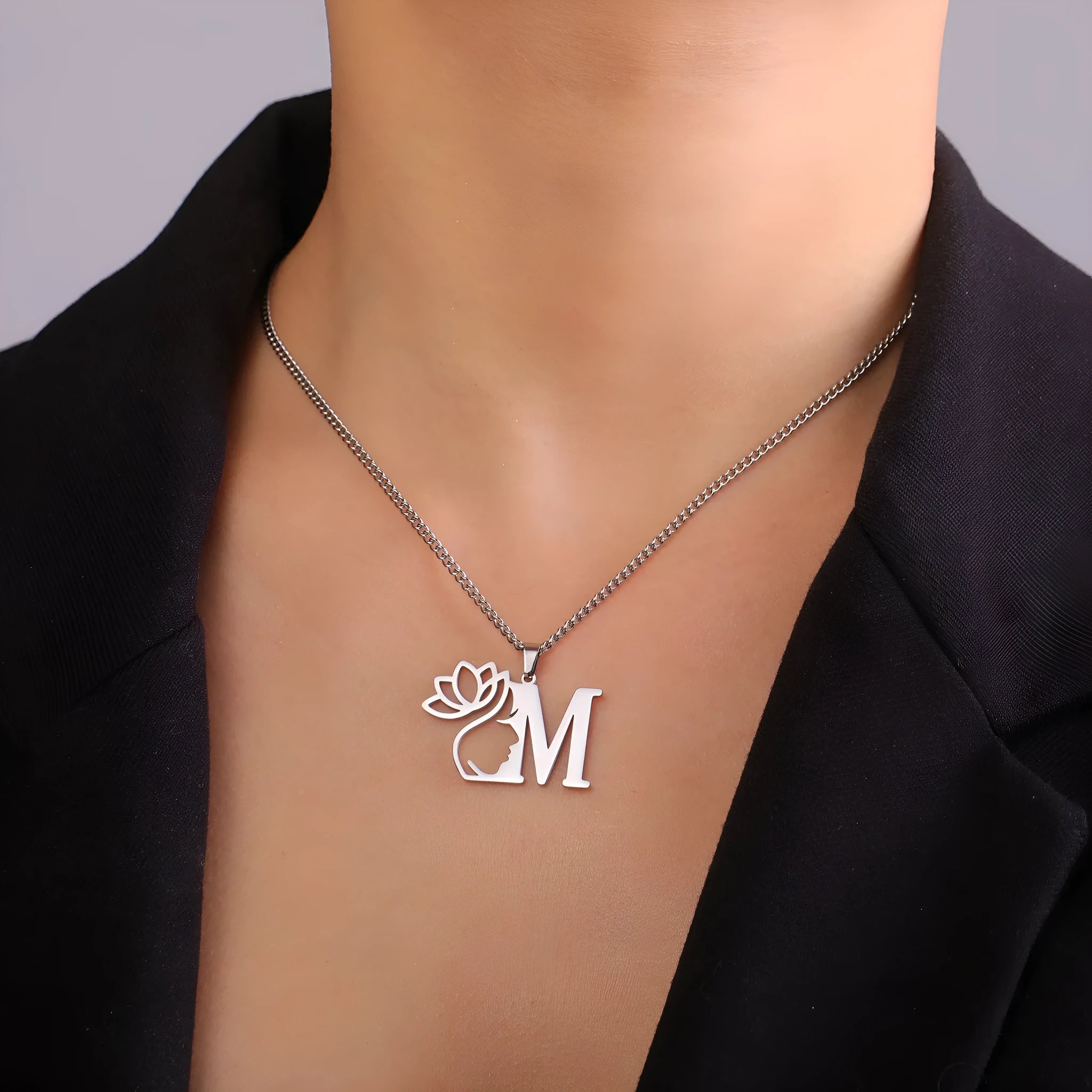 Stainless steel necklace with letter pendant on cross chain in gold or silver electroplated finish