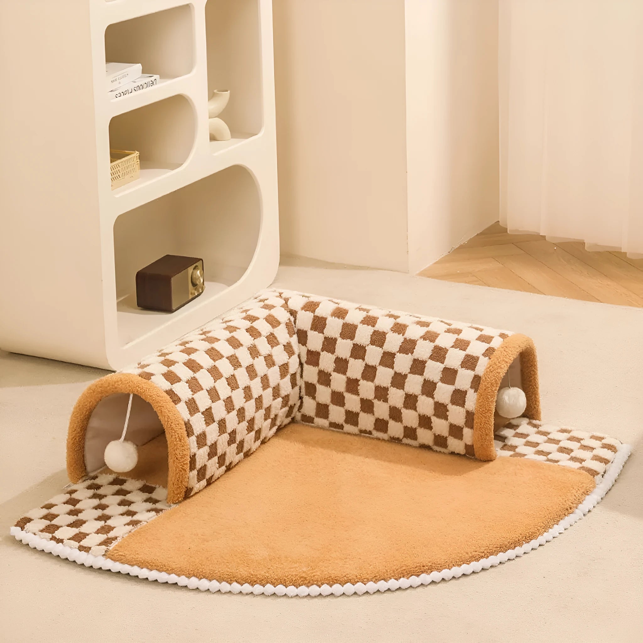 XL fan-shaped plush pet bed tunnel for dogs and cats in yellow plaid colour with anti-slip bottom.