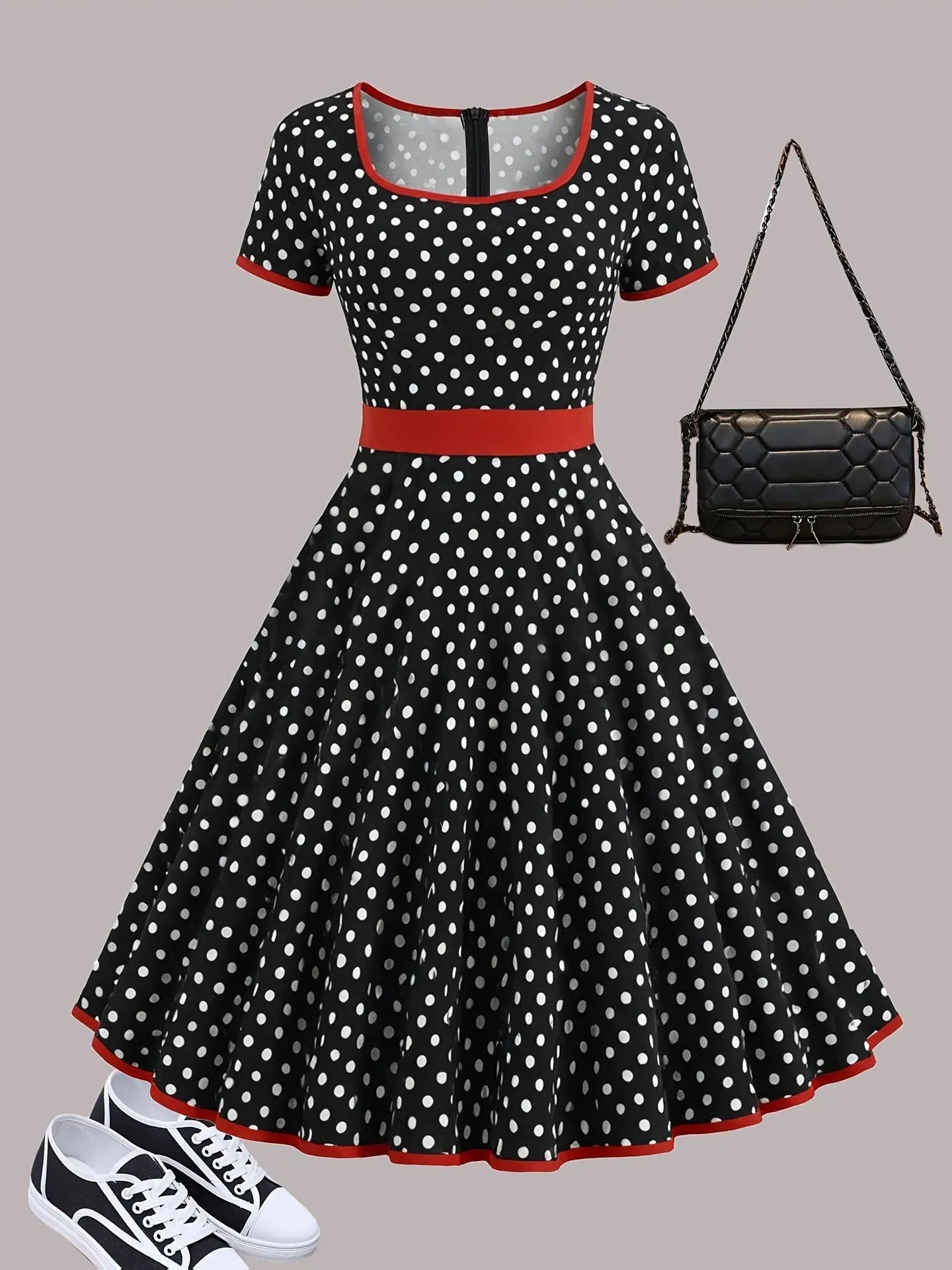 Multicolour polka dot women's dress with a square collar, short sleeves, and a pleated midi skirt.