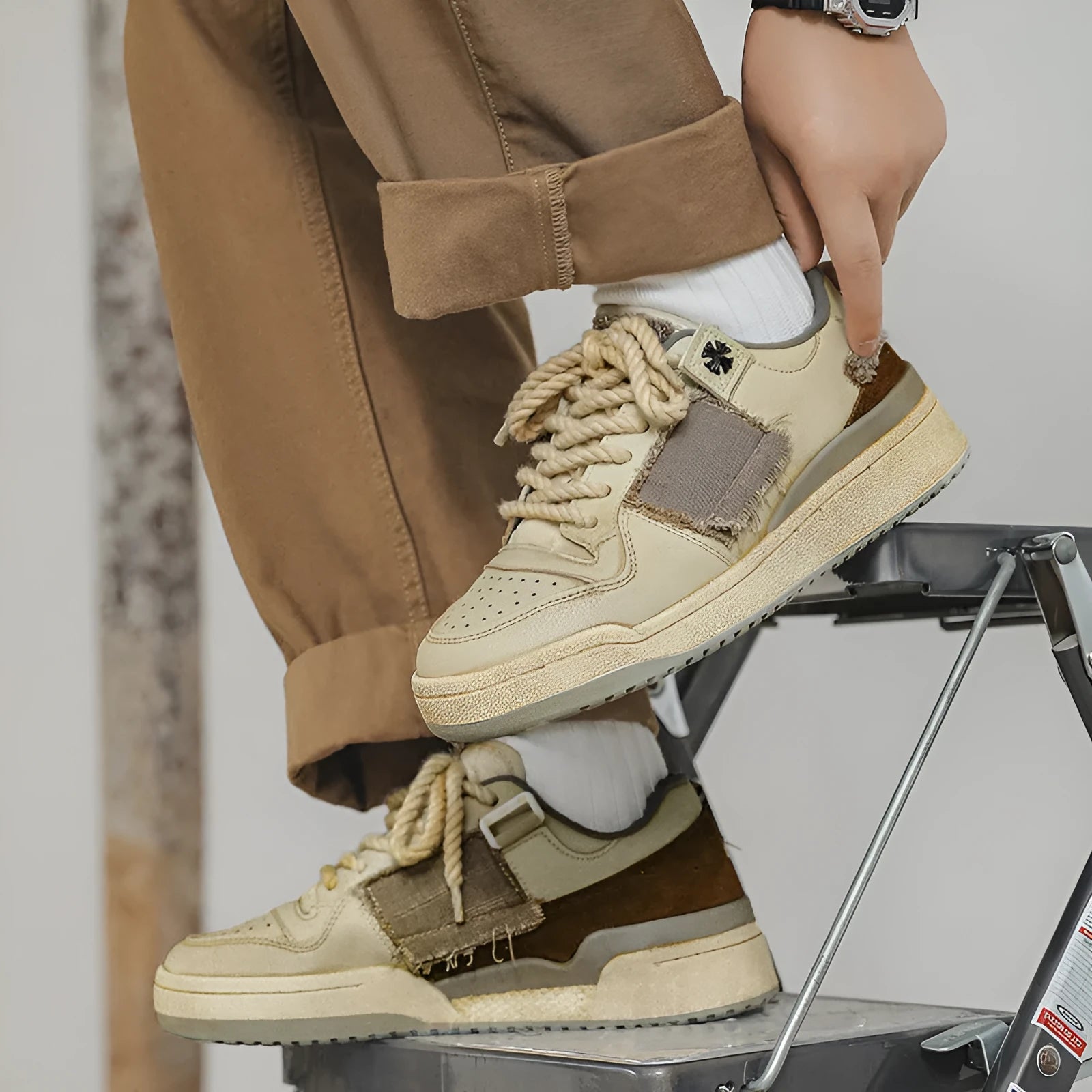 Beige vintage patch skateboard shoes with lace-up closure and low-top design