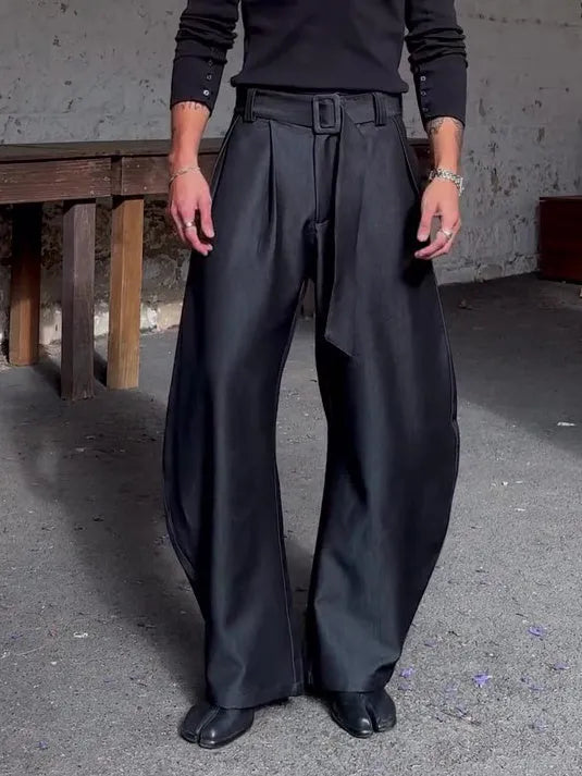 Black oversized high-waisted wide-leg pants with belt, full-length casual trousers