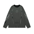 Gray khaki loose-fit long sleeve cotton pullover with drop shoulder sleeves and a printed letter pattern.