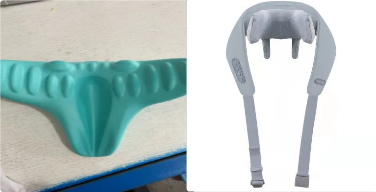 Grey elastic fabric USB neck and back massager with two speed settings and infrared function.