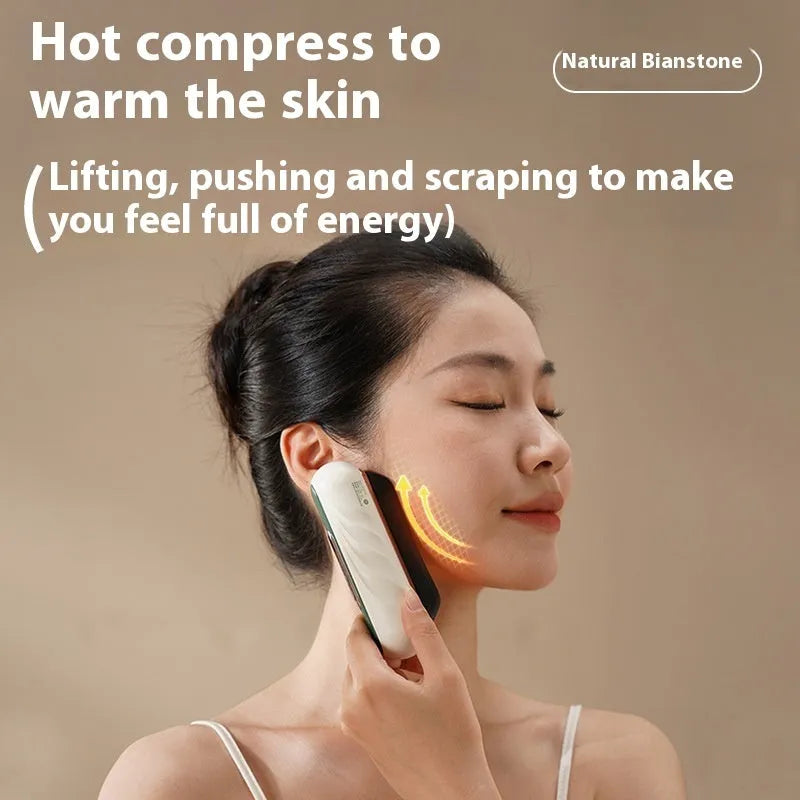 Electric scrapping plate massage tool with USB charging cable in golden yellow finish