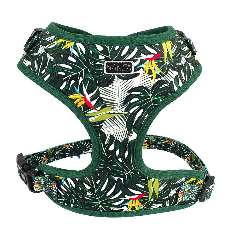 Adjustable pet harness set with six accessories including waste bag in cloth material