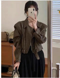 Women's retro brown leather-style coat jacket with slim fit and street fashion styling