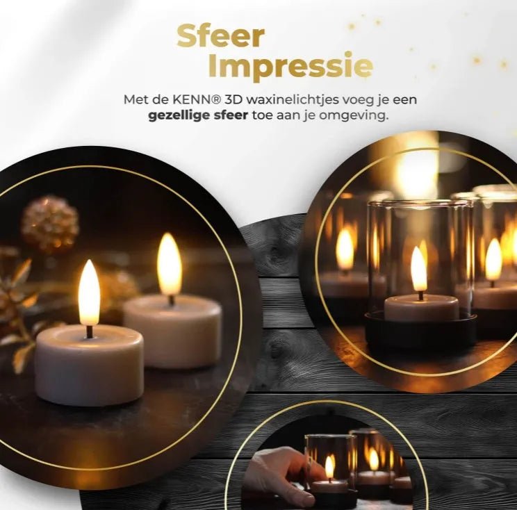 Four taupe-coloured S10 3D flame LED tealight candles showing realistic flickering effect