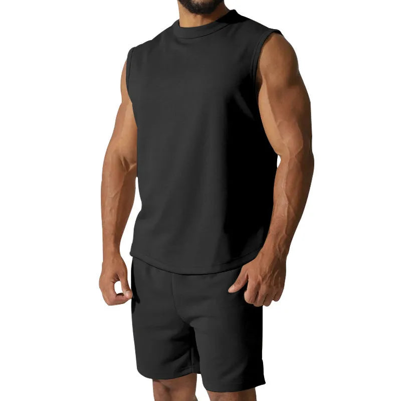 Men's sleeveless cotton blend sports top and matching shorts casual set in army green.