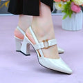 Women's apricot coloured leather sandals with a closed toe, chunky high heel, and rubber sole.