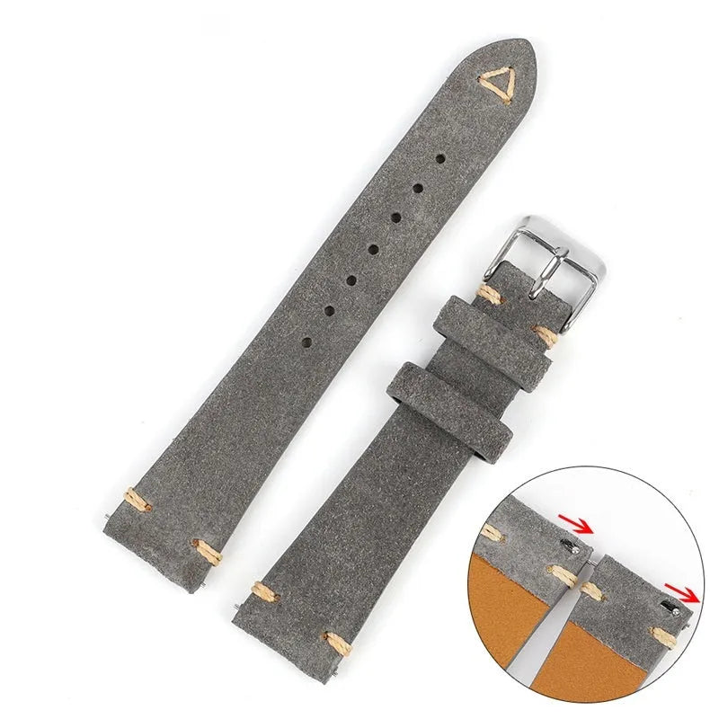 Genuine suede leather watch strap in Army Green, Blue, Brown, or Grey colour, showing 20mm and 22mm width options.