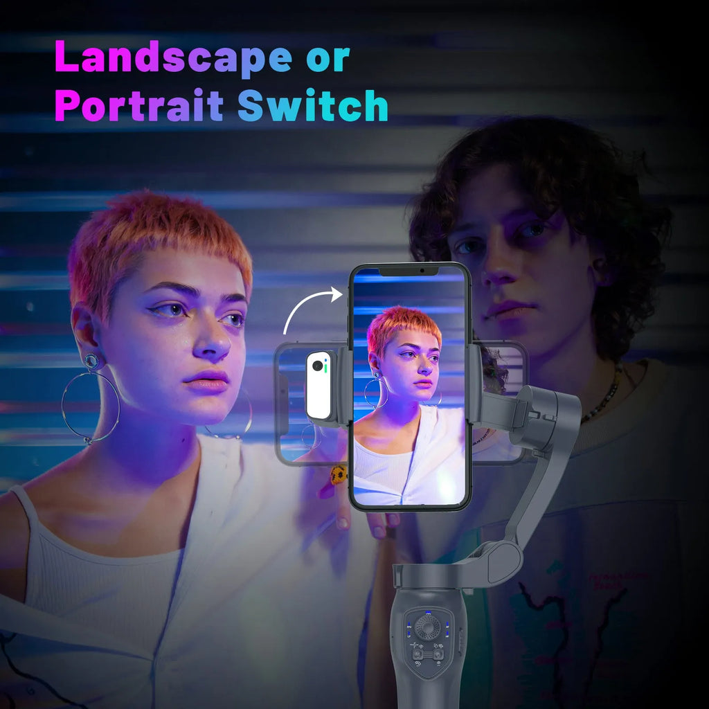 Foldable handheld camera gimbal stabiliser in gun colour and AI RGB variants