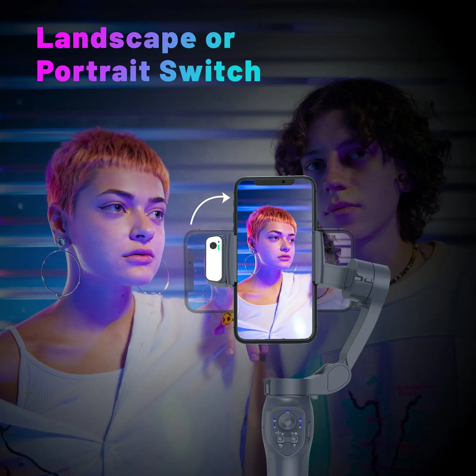 Foldable handheld camera gimbal stabiliser in gun colour and AI RGB variants