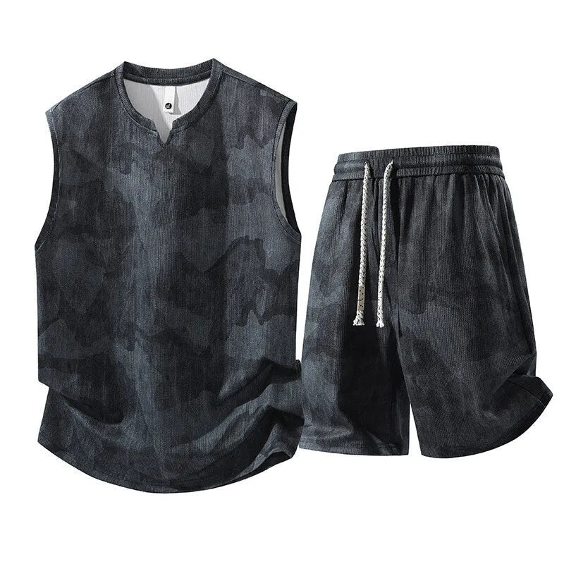 Sleeveless vest suit plus size two-piece set in black blue with shorts quick-drying polyester spandex