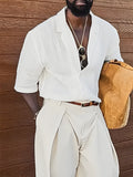 Men's casual short-sleeved white linen shirt with plain design and regular fit