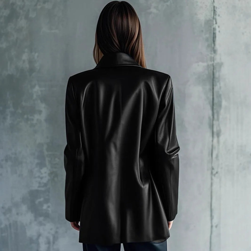 Black women's medium-length polyester leather jacket on a hanger