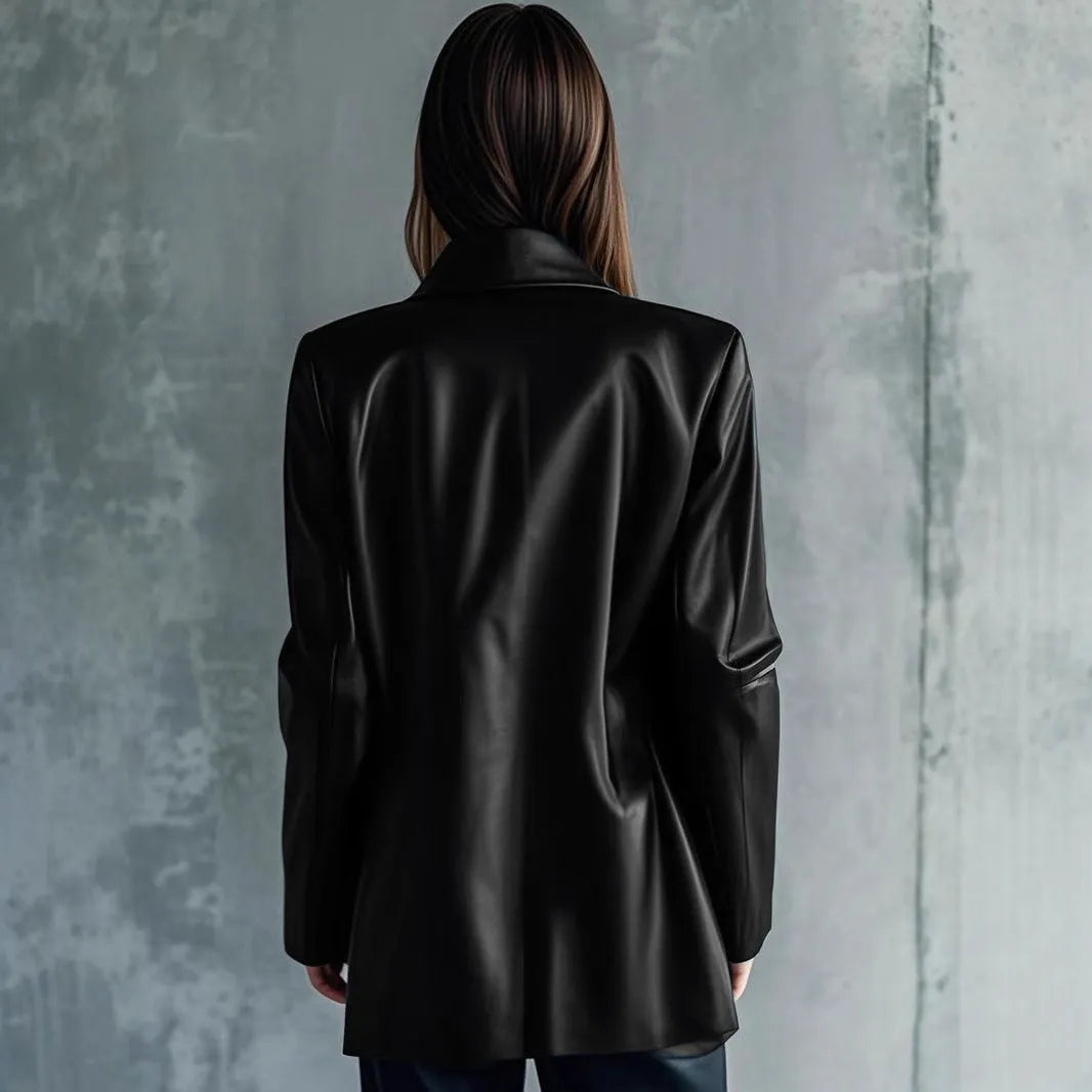 Black women's medium-length polyester leather jacket on a hanger