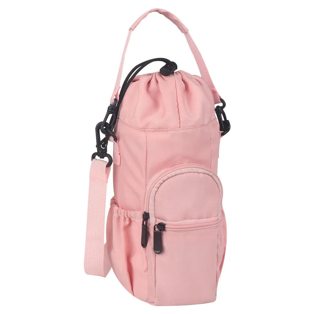 Black cloth crossbody water bottle pouch shown holding a bottle.