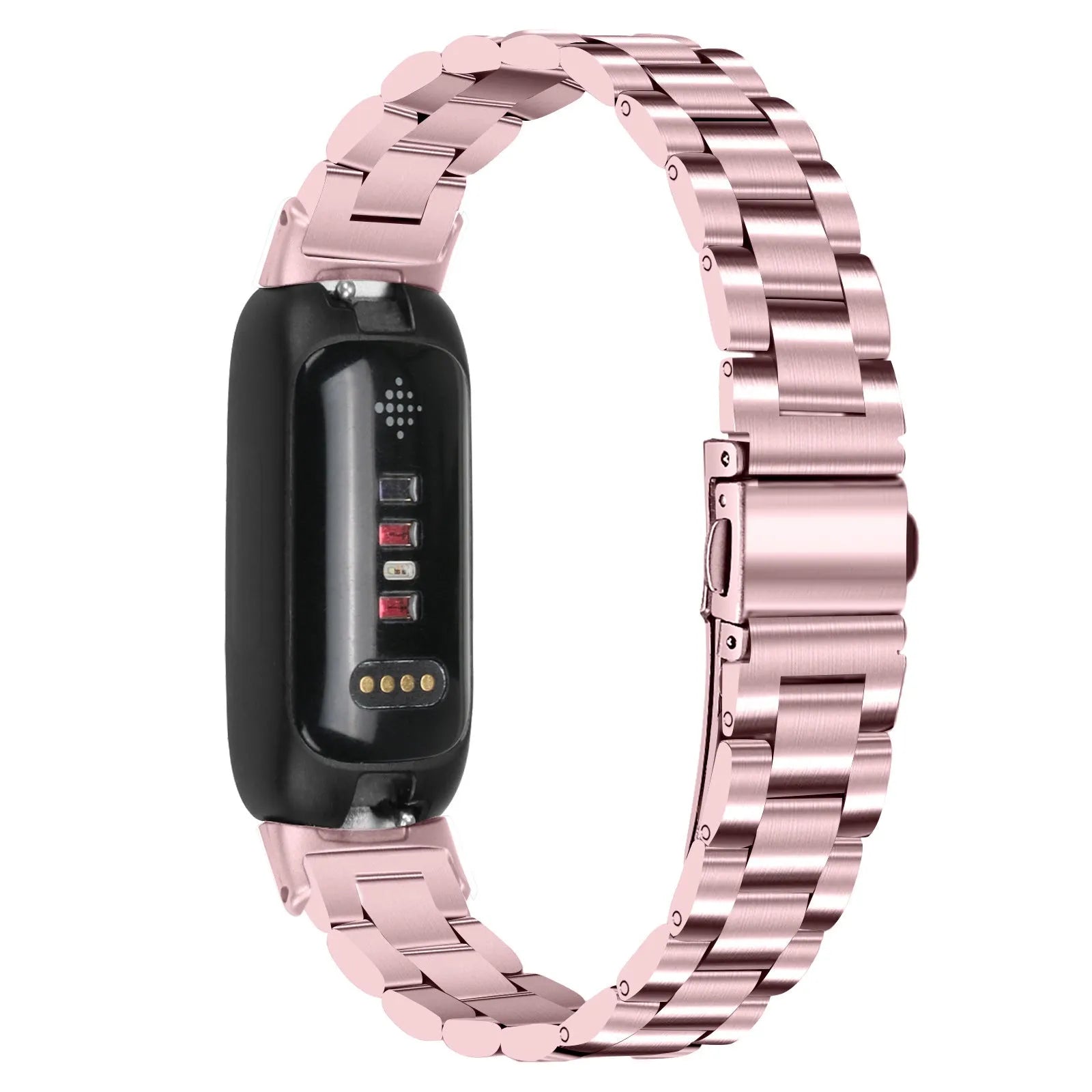 Stainless steel watch strap for Fitbit Inspire 3 tracker in multiple colour options on a grey background.