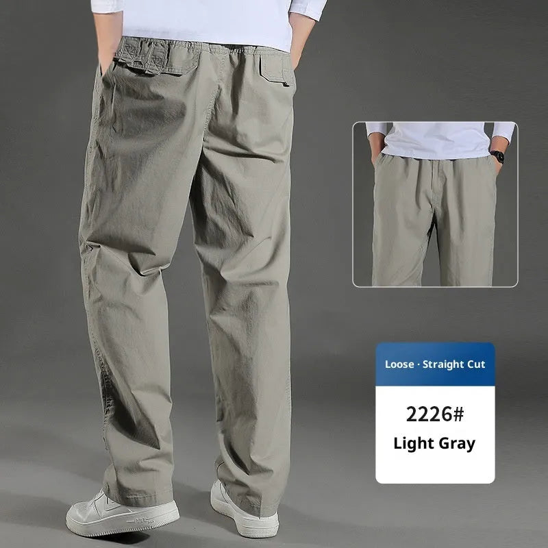Men's cotton loose straight trousers zip placket workwear style, black colour, on model