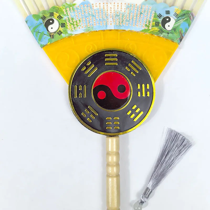 Handmade Chinese goose feather craft fan with integrated lens in graphic colour