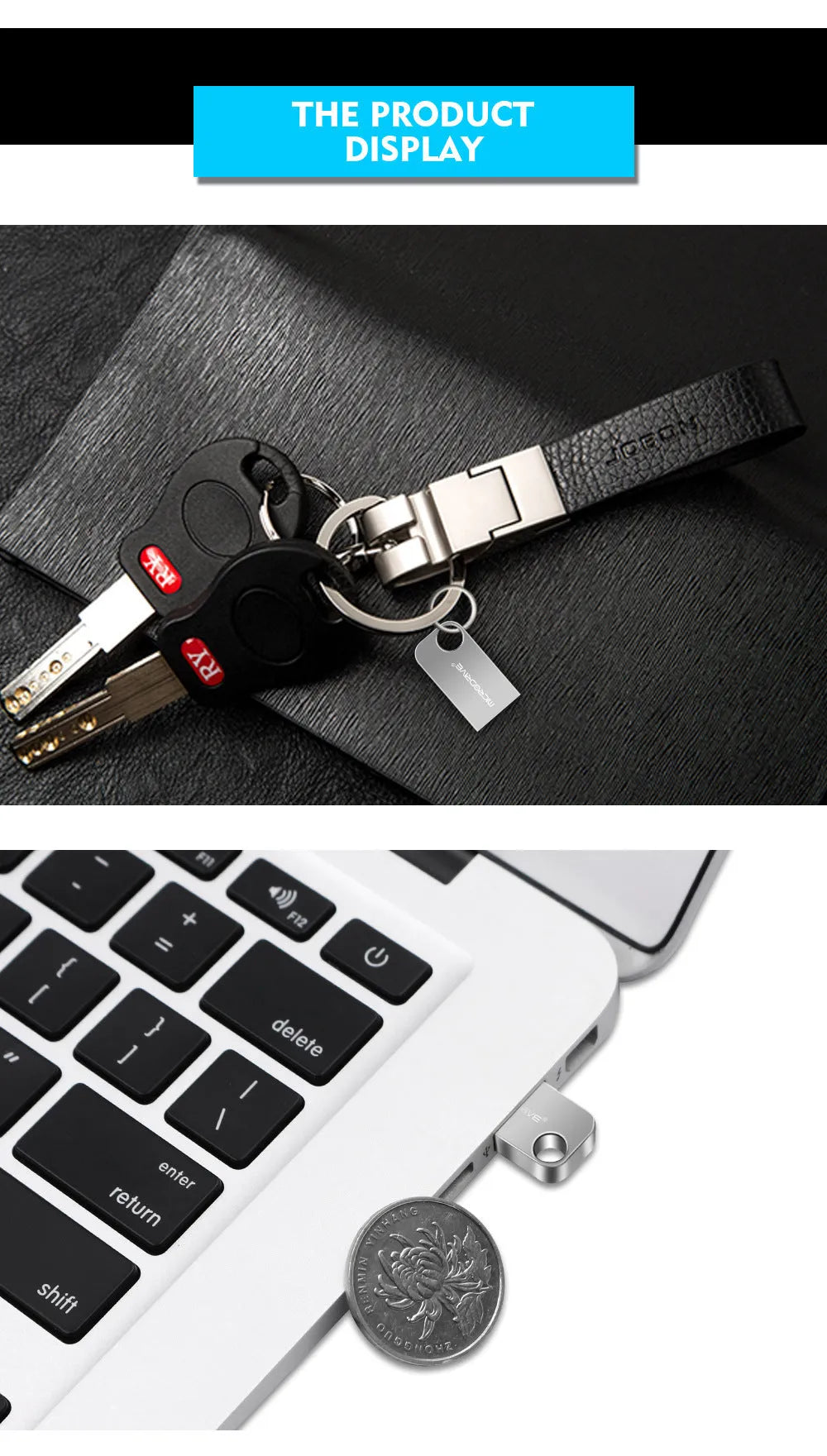 Silver gray metal USB flash drive with rotating connector, 64GB capacity, vehicle-mounted design.