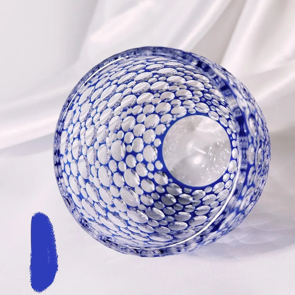 Sapphire blue hand carved crystal glass wine cup with Jianghu cut bubble pattern and 201-300ml capacity