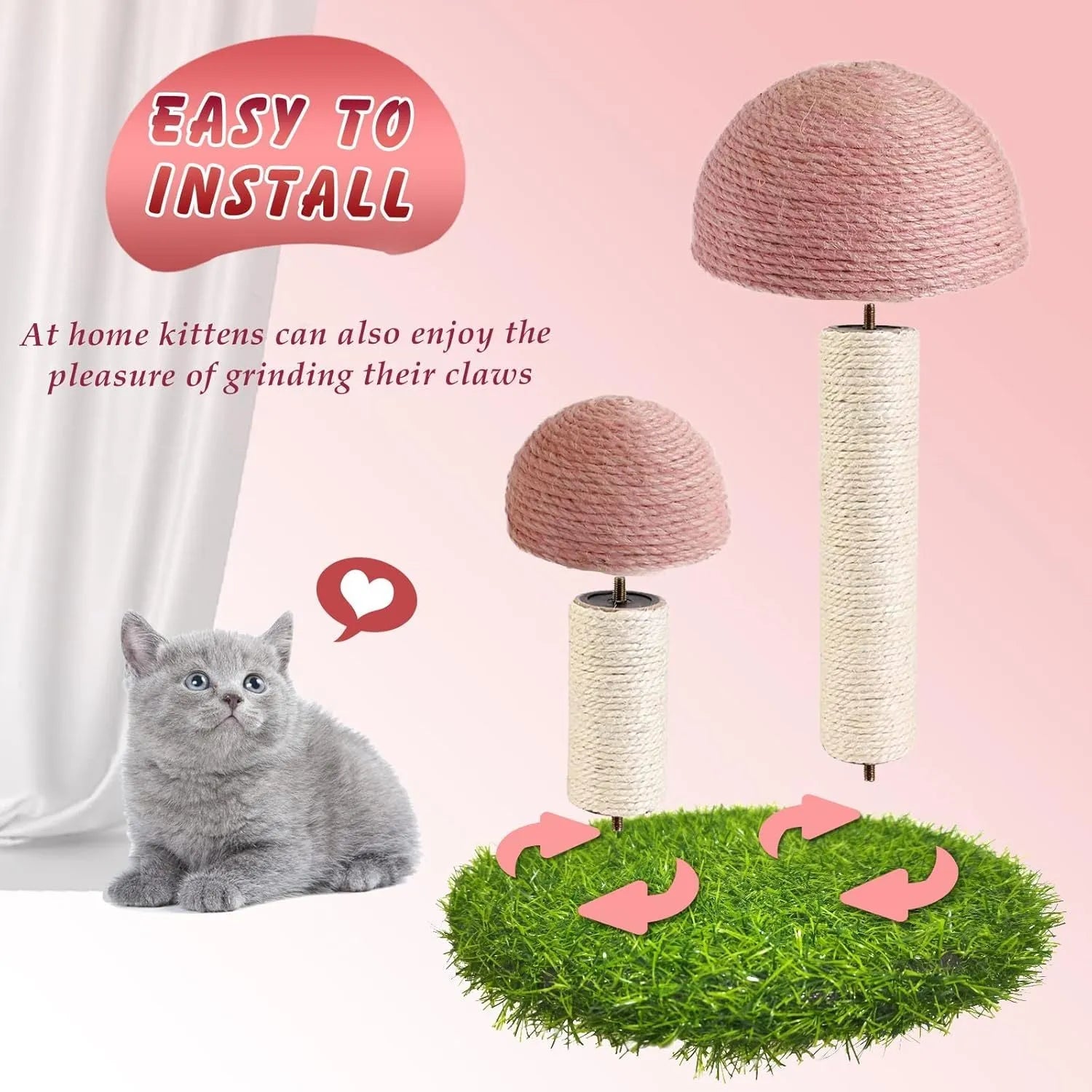Pink mushroom-shaped cat scratching post with natural sisal caps and pole for kittens