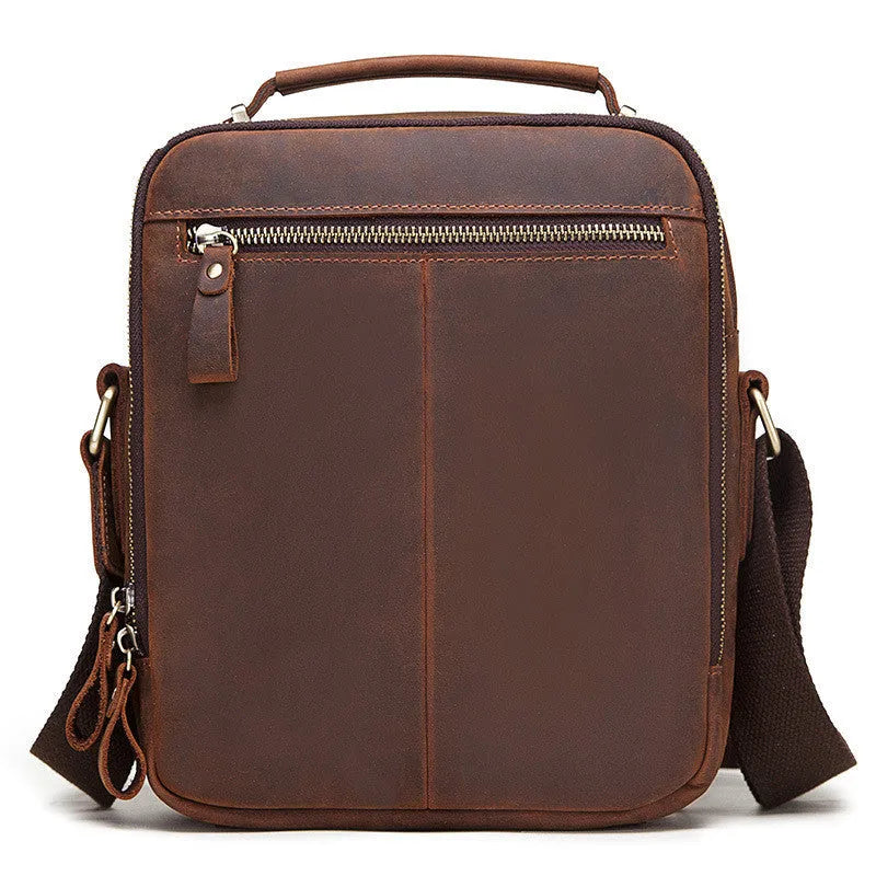 Men's brown genuine Crazy Horse leather crossbody bag with a single shoulder strap and retro sewing detail.