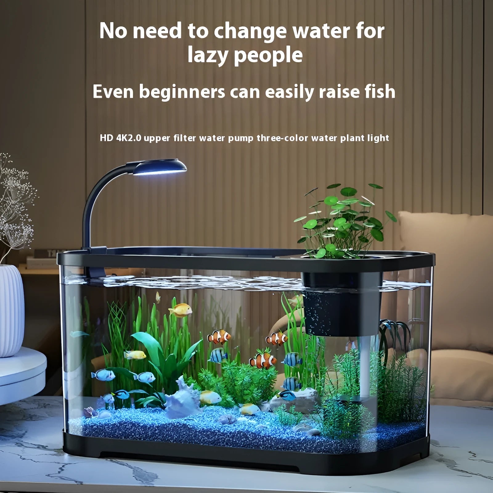 Ecological landscape filter oxygen-making integrated fish tank in luxury black colour on desktop