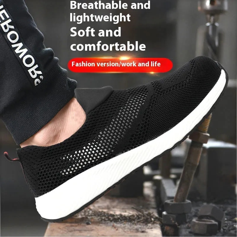 Men's lightweight steel toe work safety shoes with mesh upper in black colour