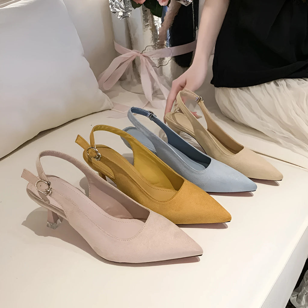 Suede pointed toe stiletto high heels in pink, blue, yellow, and apricot colours
