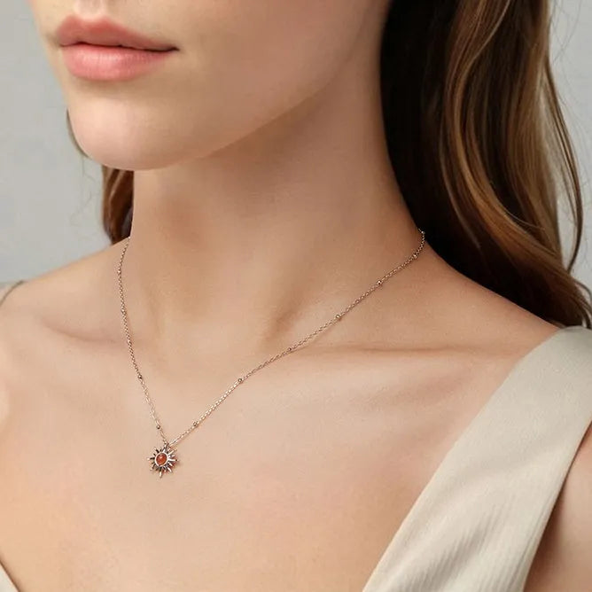 S925 sterling silver sun pendant necklace on display, electroplated finish, O-shaped chain, colour BSN440