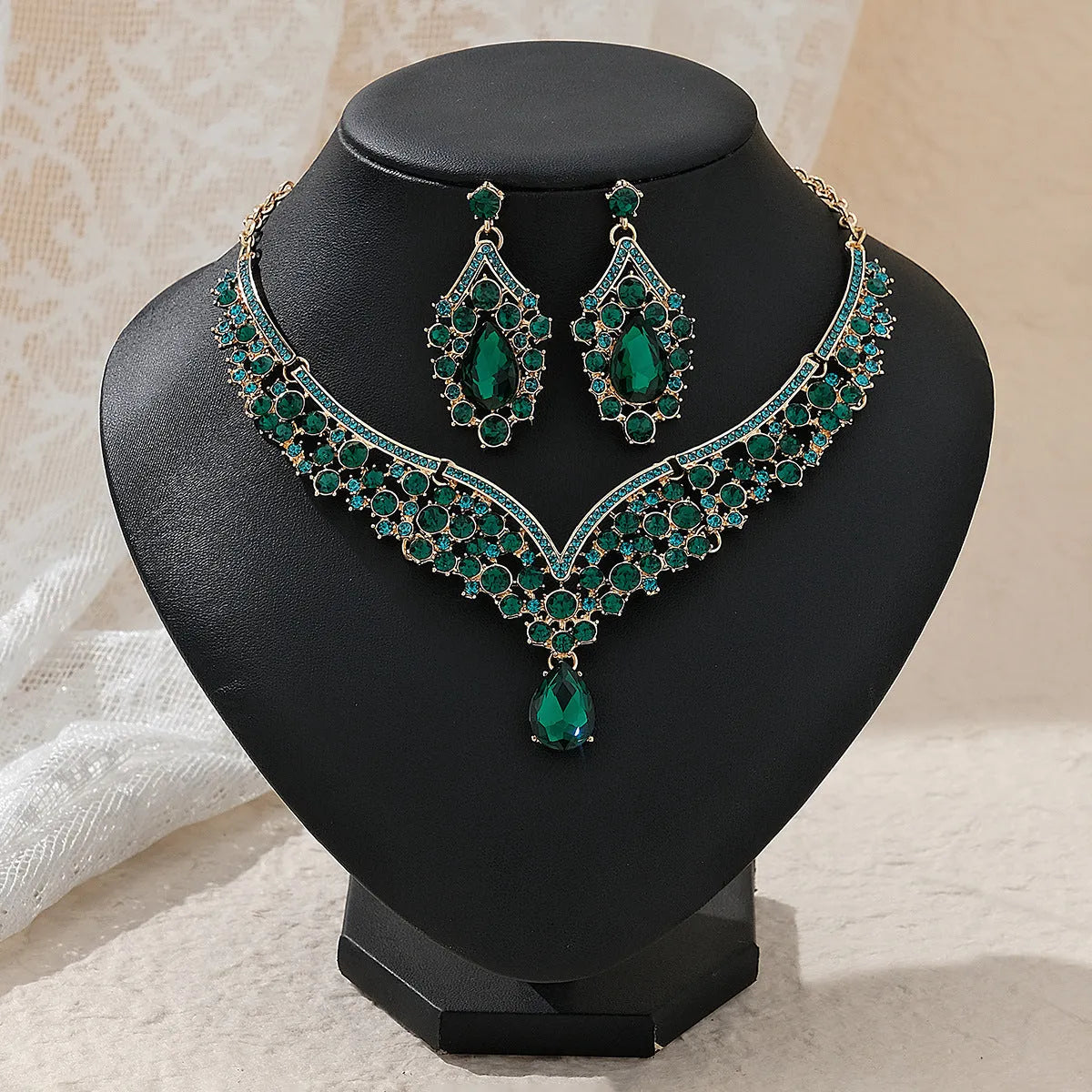 Rhinestone pearl earrings and necklace set for women wedding jewellery in silver gold AB blue green red champagne purple