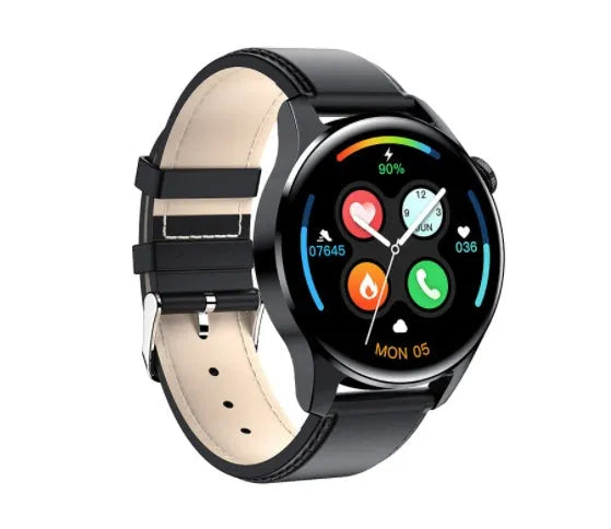 Smart watch with round colour display on a black silicone strap, showing heart rate data on screen.