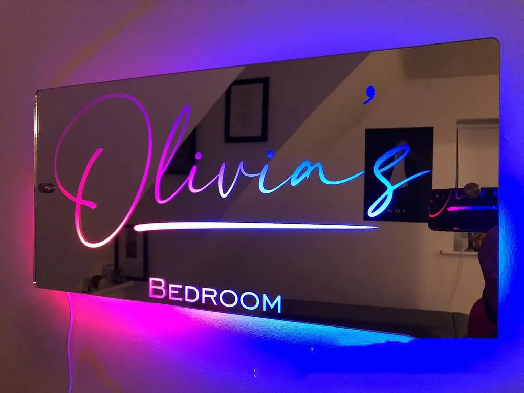 Personalised acrylic LED name mirror light with custom photo, soft glow, and remote control