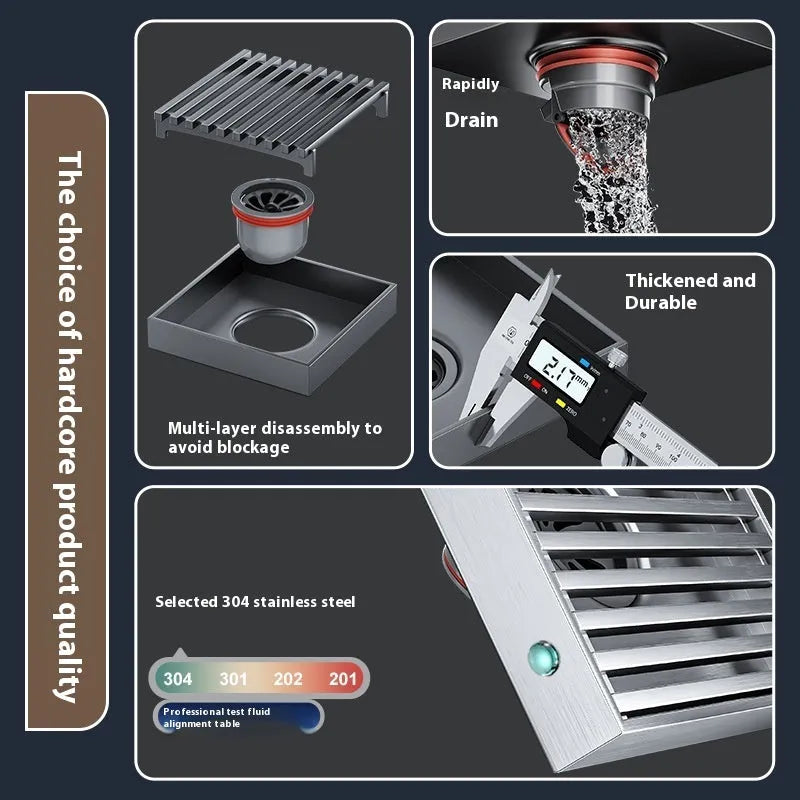 Gun grey 304 stainless steel courtyard floor drain with a square 15x15 cm plastic core.