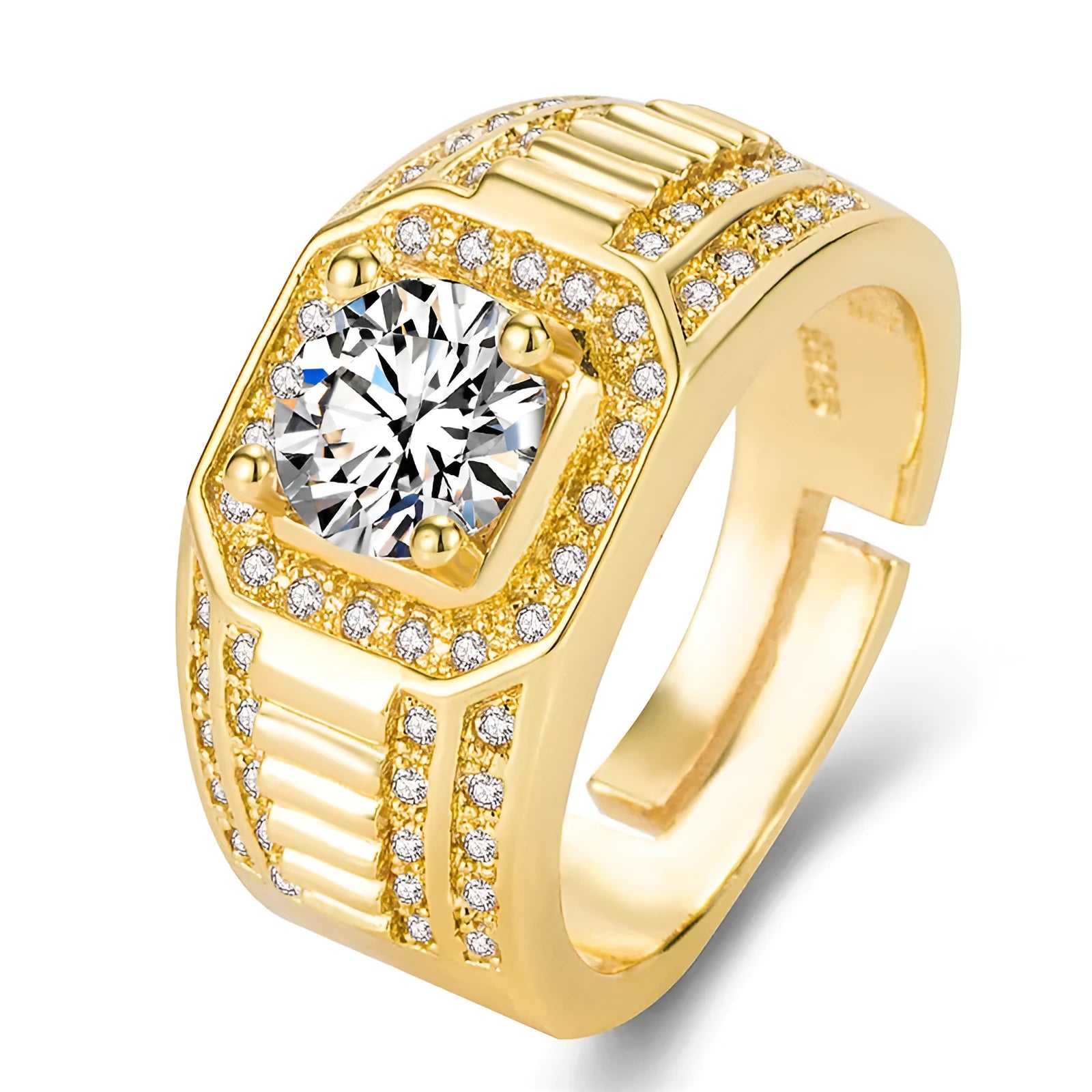 Men's adjustable copper ring with square diamond design in gold or platinum finish
