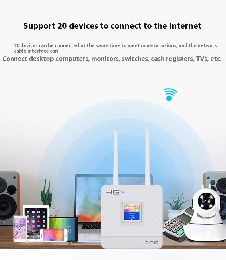 Home office shared display LTE router with two antennas, USB cable, and power adapter