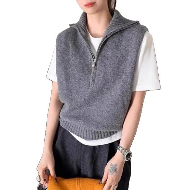 Retro half zipper sleeveless knit vest in polyester mesh fabric showing Japanese casual style