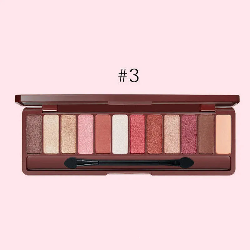 12-colour nude eyeshadow palette in compact packaging 15.2x5x11cm with earth and wine red shades