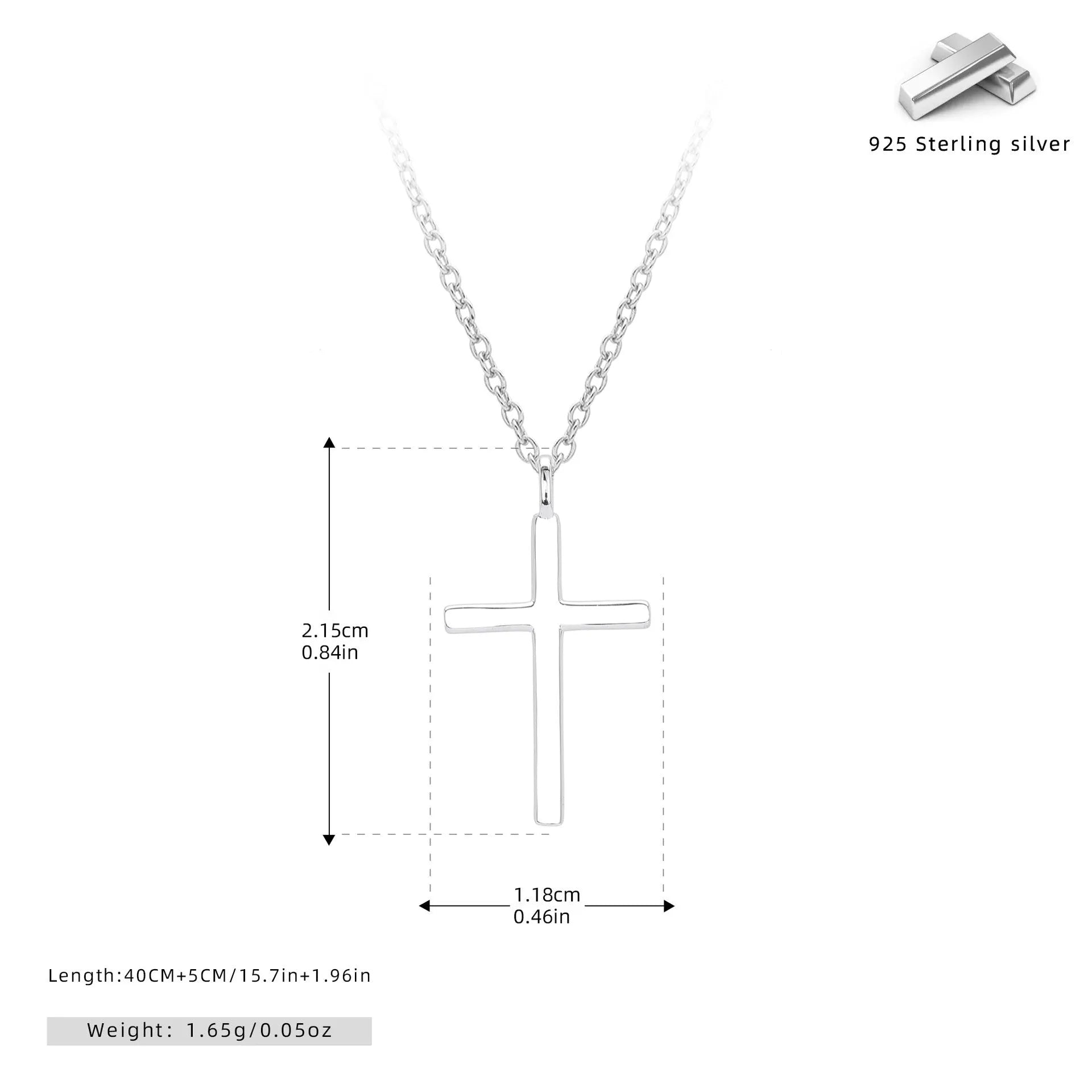 Simple sterling silver cross pendant necklace with glossy finish on adjustable O-link chain