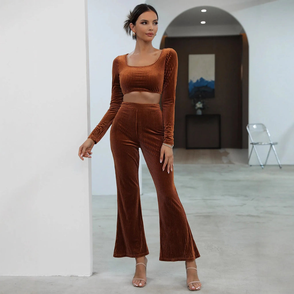 Caramel coloured long sleeve sweater set with matching trousers