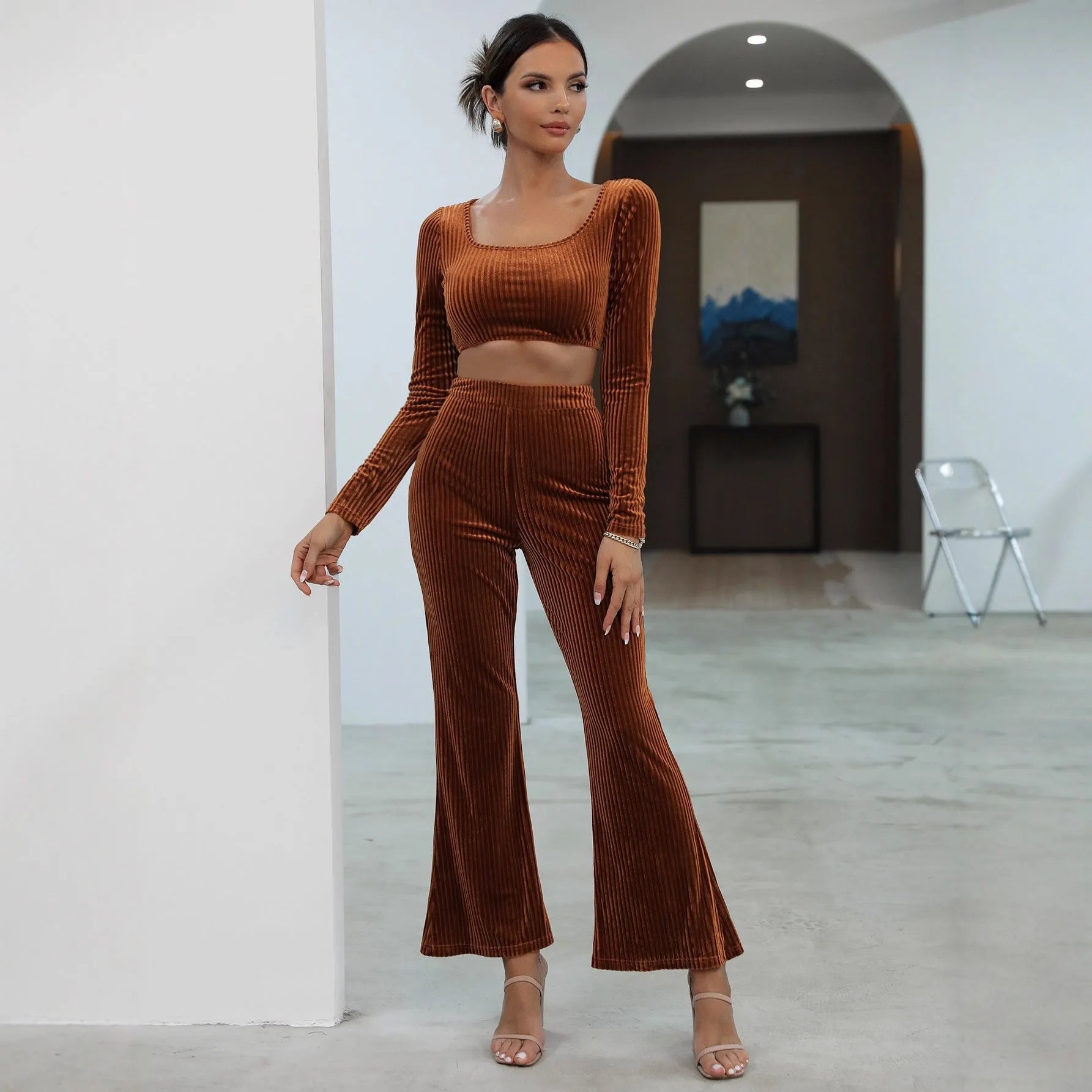Caramel coloured long sleeve sweater set with matching trousers